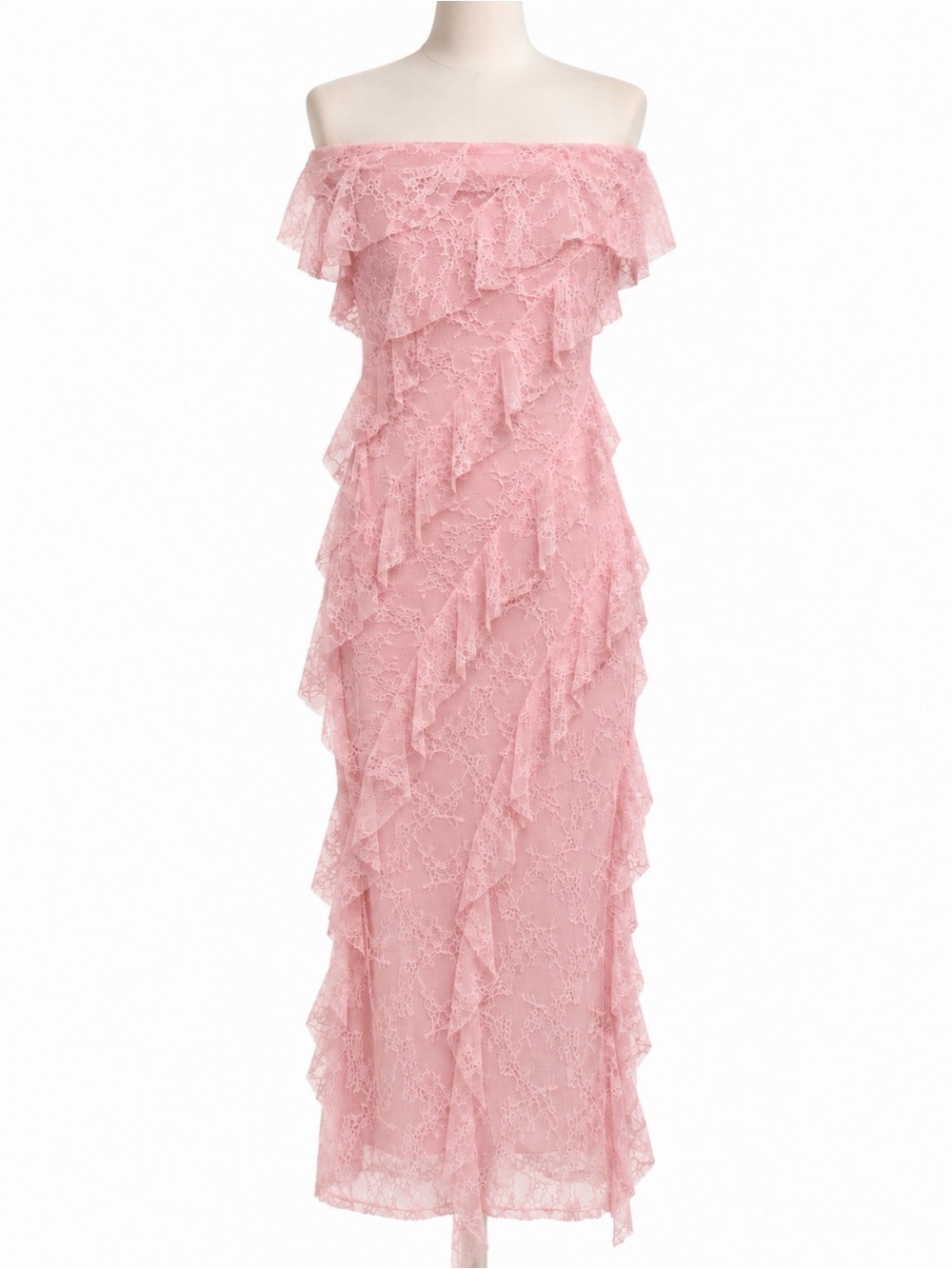 wild fable Strapless Pink Lace Ruffle Maxi Dress